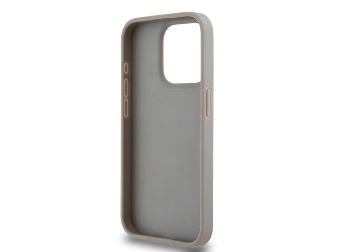 Capa DKNY em couro com estampa Mono Stripe e logo met�lico para iPhone 15 Pro - bege
