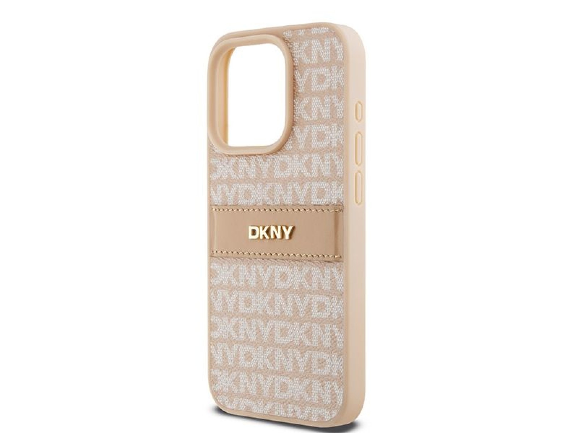 Capa DKNY em couro com estampa Mono Stripe e logo metálico para iPhone 15 Pro - rosa