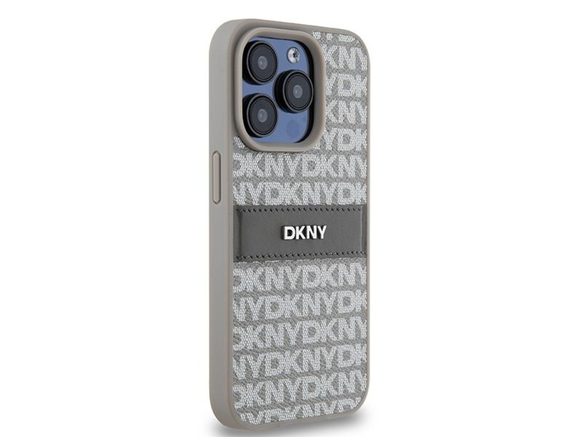 Capa DKNY em couro com estampa Mono Stripe e logo metálico para iPhone 15 Pro - bege