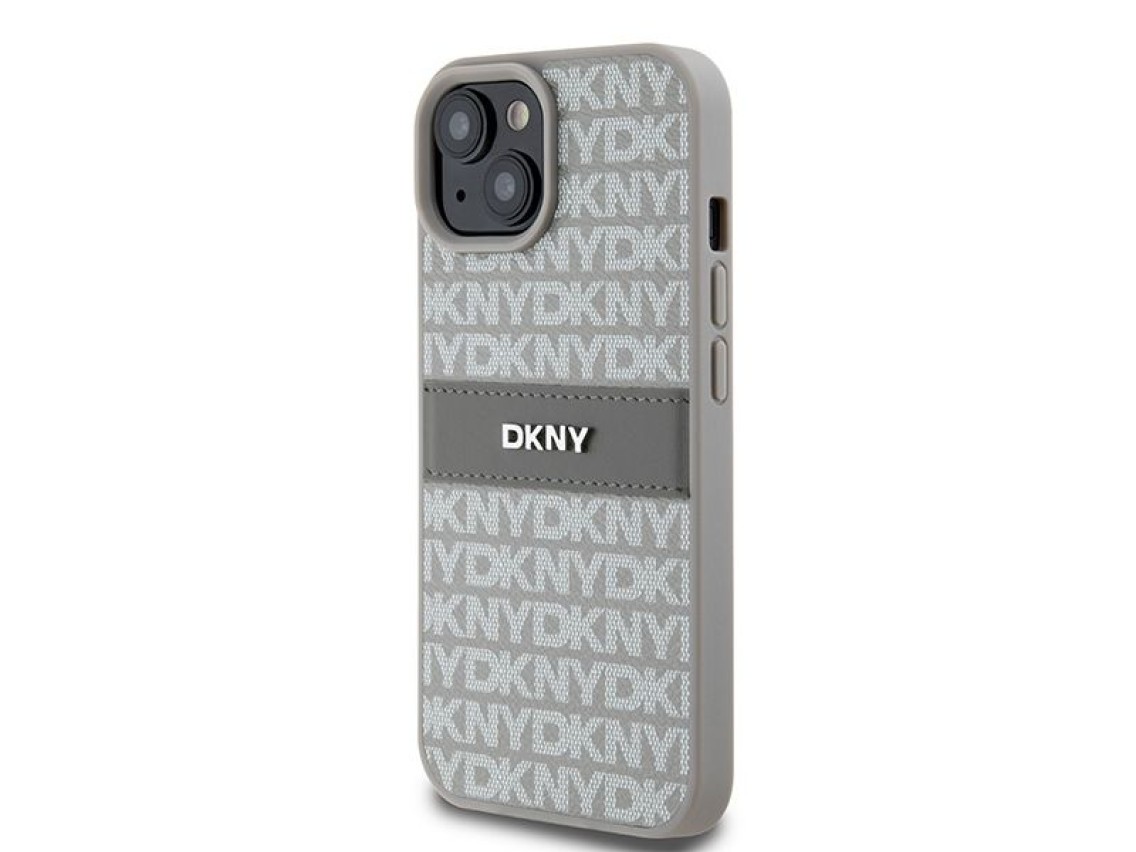 Funda DKNY de piel con franja monocromática y logo metálico para iPhone 15 Plus / 14 Plus - beige