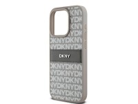 Capa DKNY em couro com estampa Mono Stripe e logo met�lico para iPhone 15 Pro - bege
