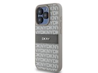 Capa DKNY em couro com estampa Mono Stripe e logo met�lico para iPhone 15 Pro - bege