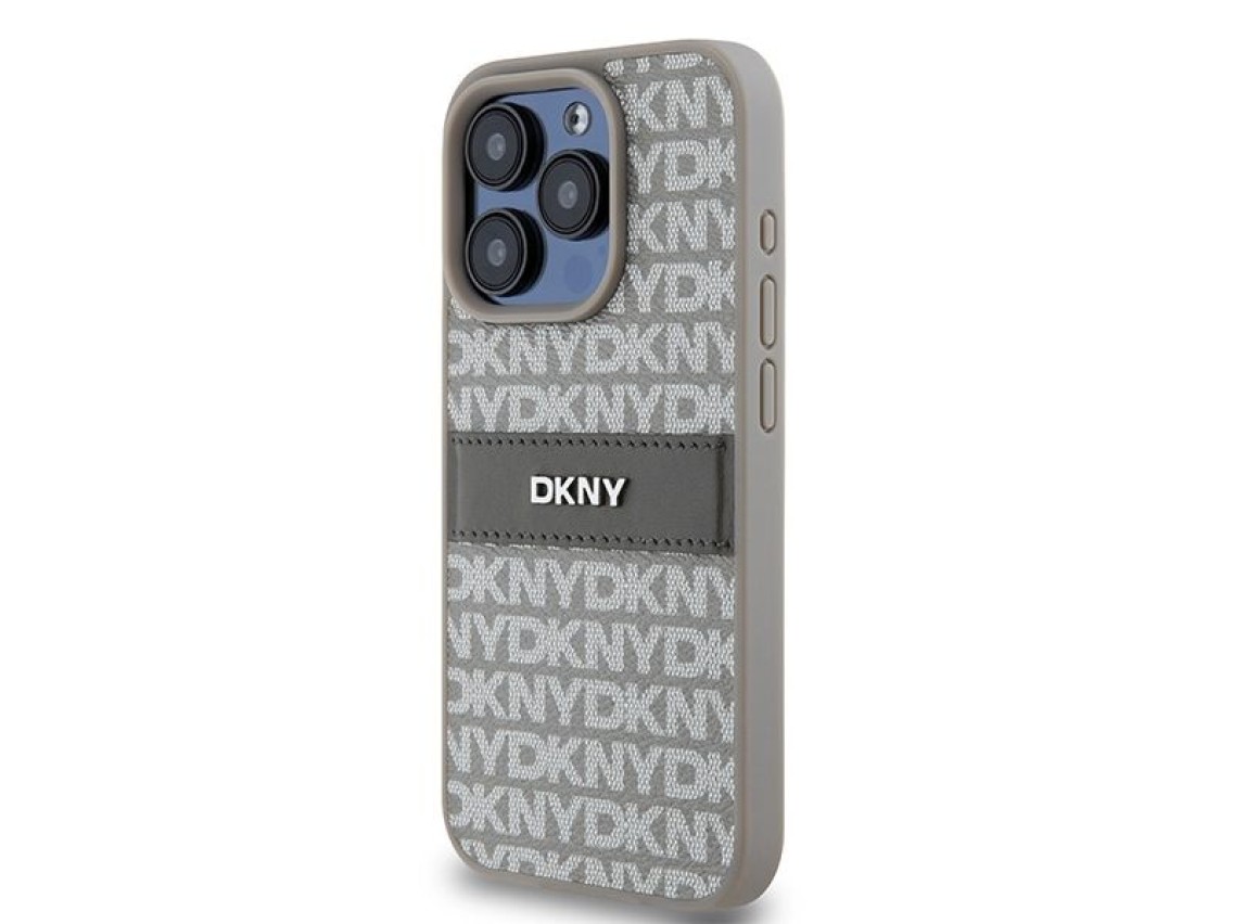 Capa DKNY em couro com estampa Mono Stripe e logo metálico para iPhone 15 Pro - bege