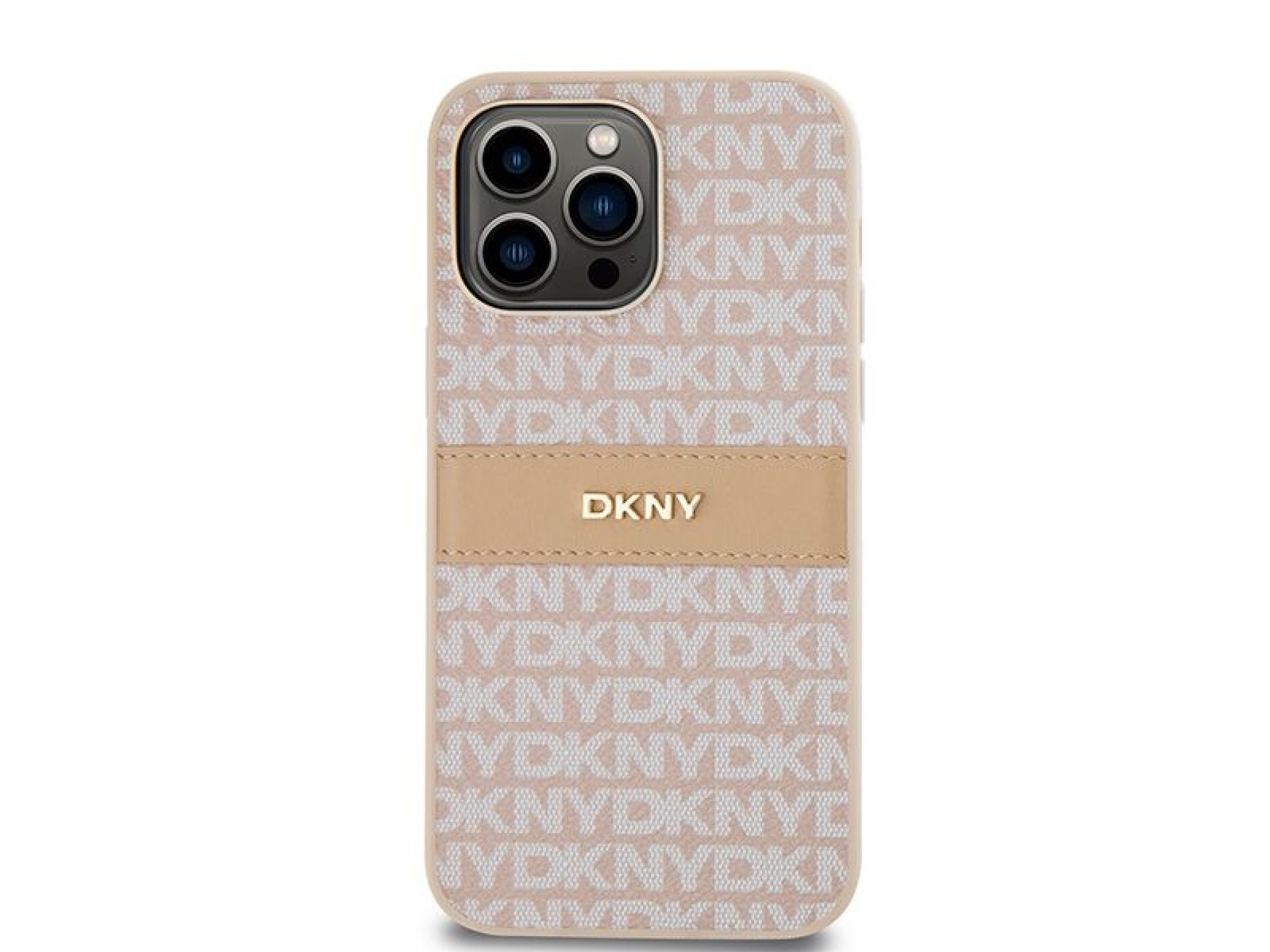 Capa DKNY em couro com estampa Mono Stripe e logo metálico para iPhone 14 Pro Max - rosa