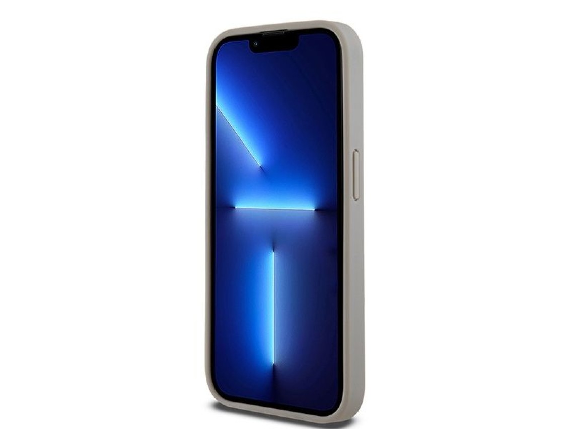 Capa DKNY em couro com estampa Mono Stripe e logo metálico para iPhone 15 Pro - bege