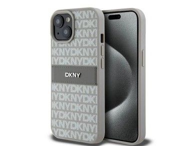 DKNY Leather Mono Stripe & Metal Logo case for iPhone 15 Plus / 14 Plus - beige DKNY Leather Mono Stripe & Metal Logo case for iPhone 15 Plus / 14 Plus - beige