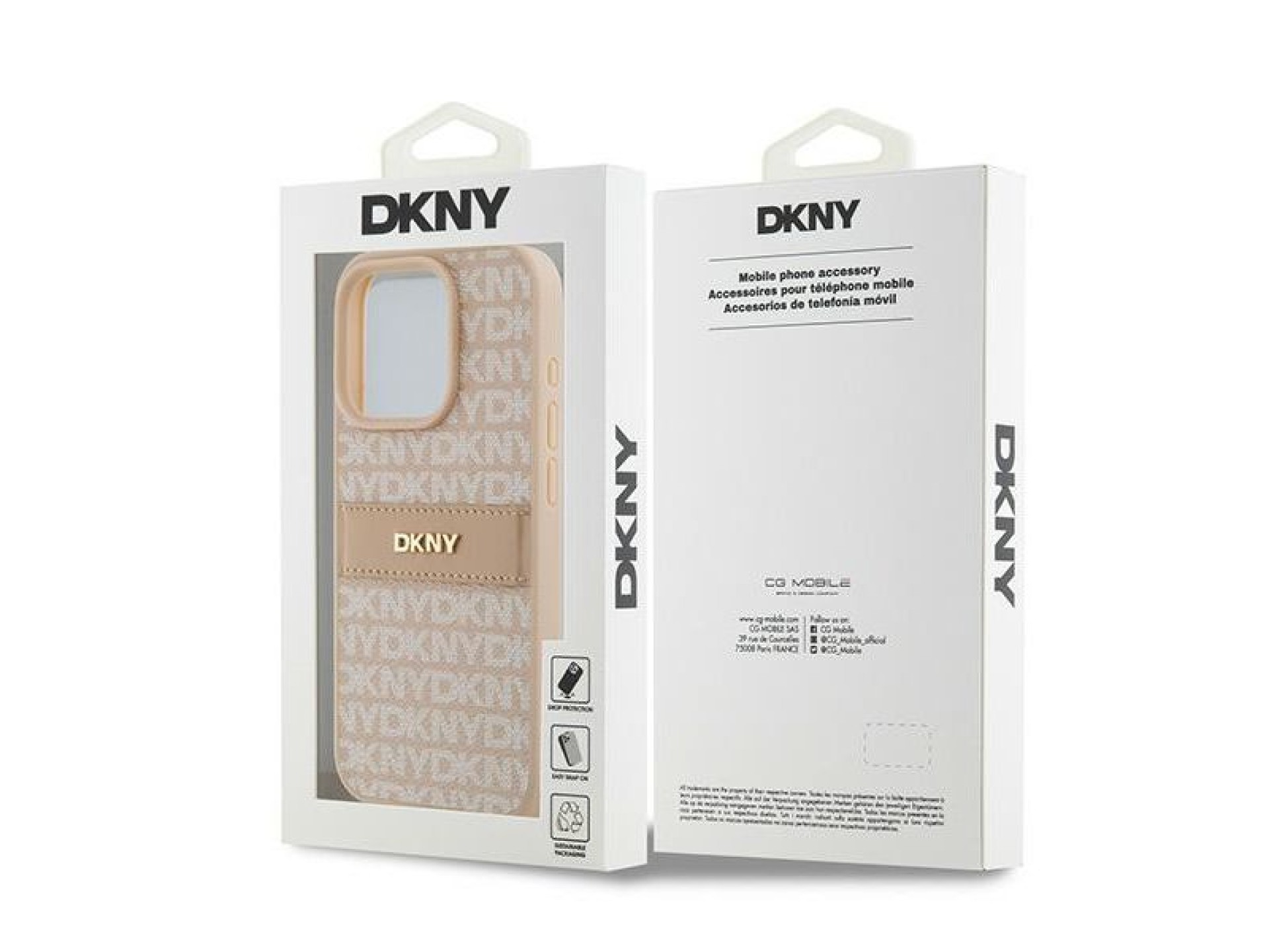 Capa DKNY em couro com estampa Mono Stripe e logo metálico para iPhone 15 Pro - rosa