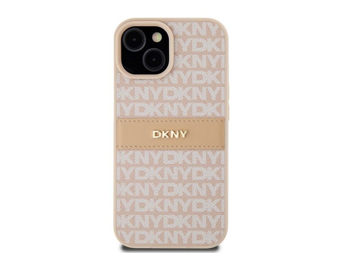 Funda DKNY de piel con franja monocromática y logo metálico para iPhone 15 Plus / 14 Plus - Rosa