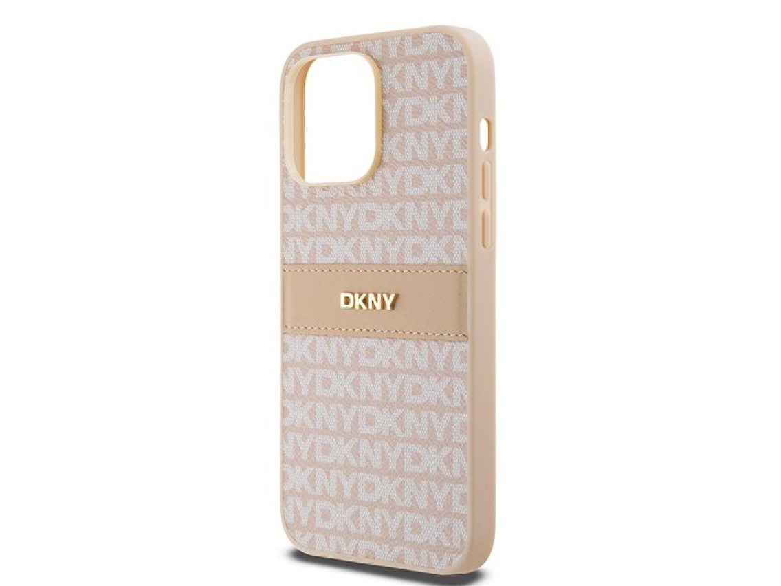 Capa DKNY em couro com estampa Mono Stripe e logo metálico para iPhone 14 Pro Max - rosa