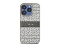 Capa DKNY em couro com estampa Mono Stripe e logo met�lico para iPhone 15 Pro - bege