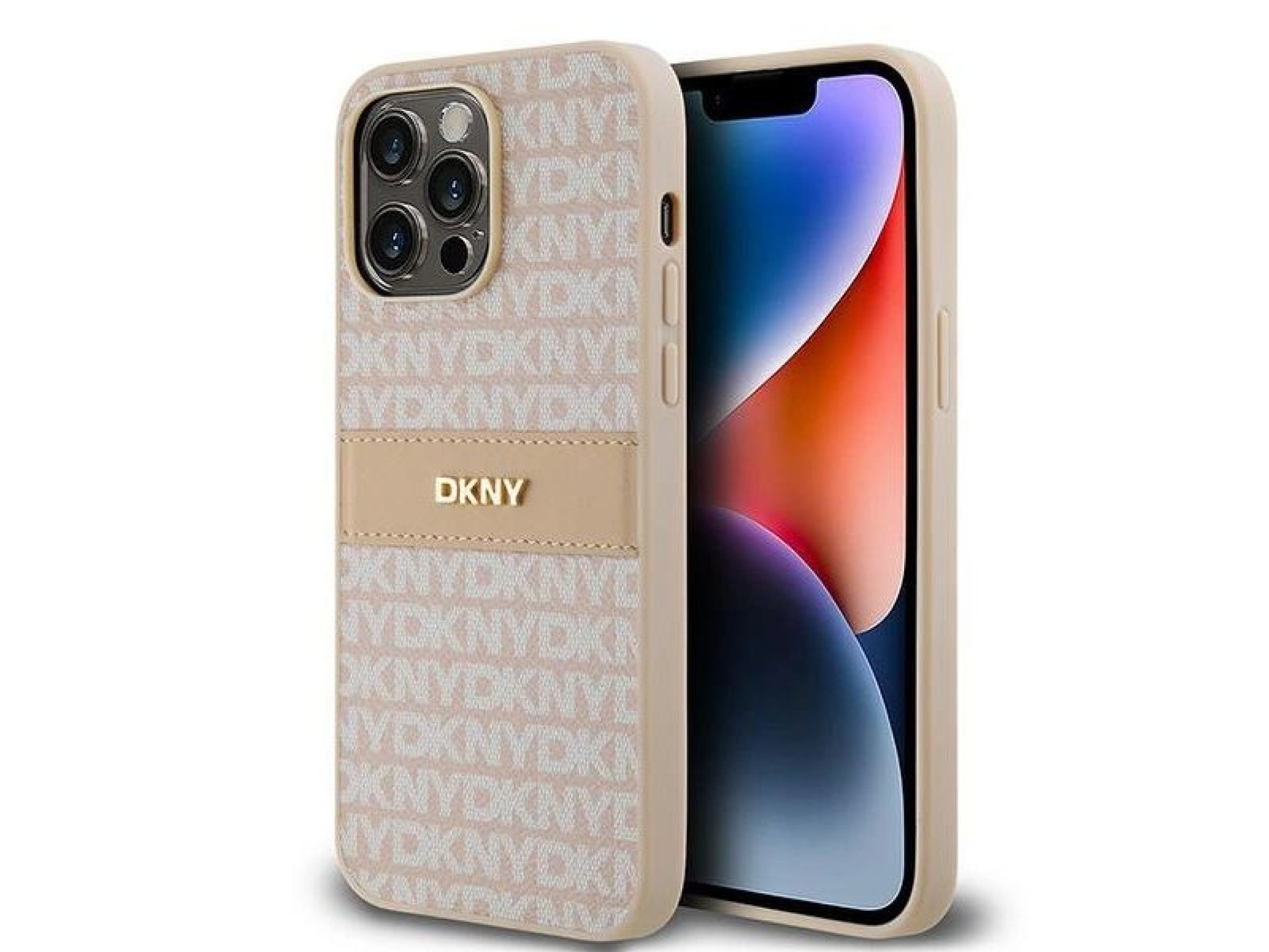 Capa DKNY em couro com estampa Mono Stripe e logo metálico para iPhone 14 Pro Max - rosa