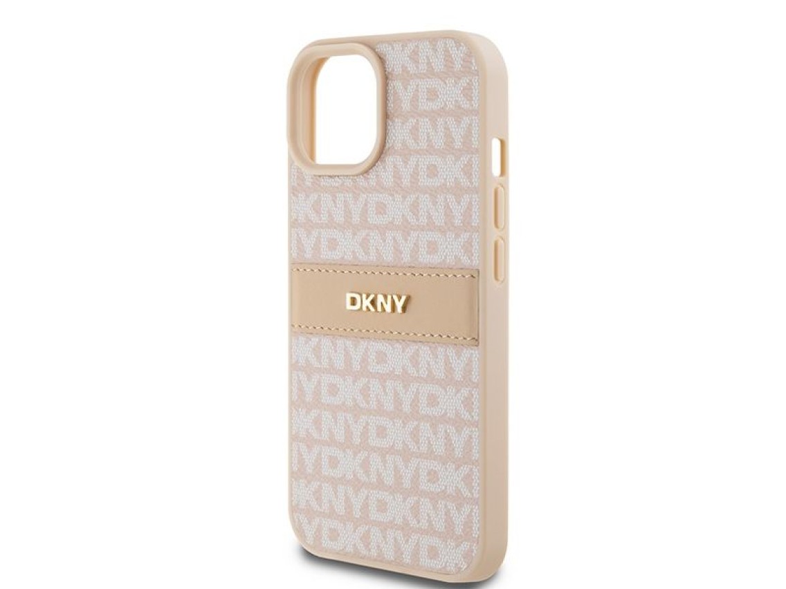 Capa DKNY em couro com estampa Mono Stripe e logo metálico para iPhone 15/14/13 - rosa