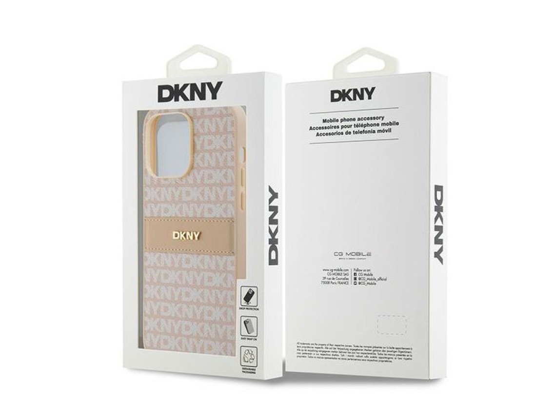 Capa DKNY em couro com estampa Mono Stripe e logo metálico para iPhone 14 Pro Max - rosa