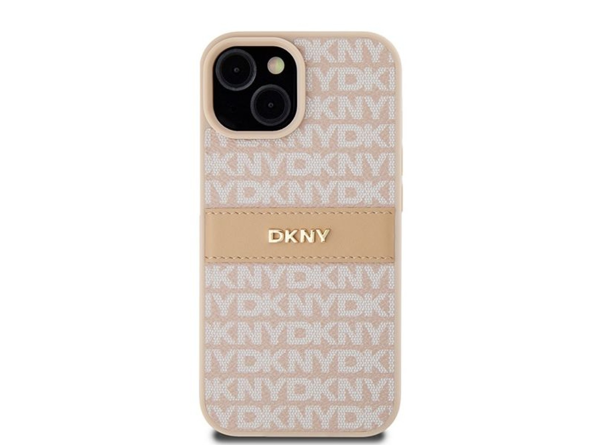 Funda DKNY de piel con franja monocromática y logo metálico para iPhone 15 Plus / 14 Plus - Rosa