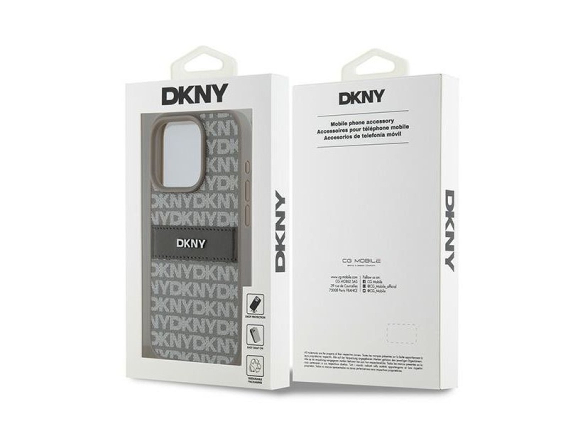 Capa DKNY em couro com estampa Mono Stripe e logo met�lico para iPhone 15 Pro - bege