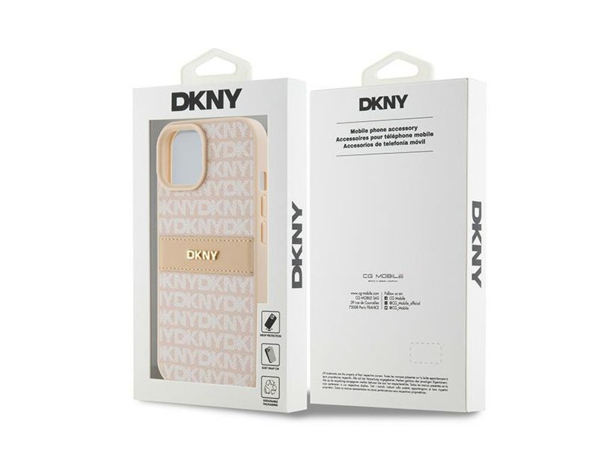 DKNY Leather Mono Stripe & Metal Logo Case for iPhone 15 Plus / 14 Plus - Pink