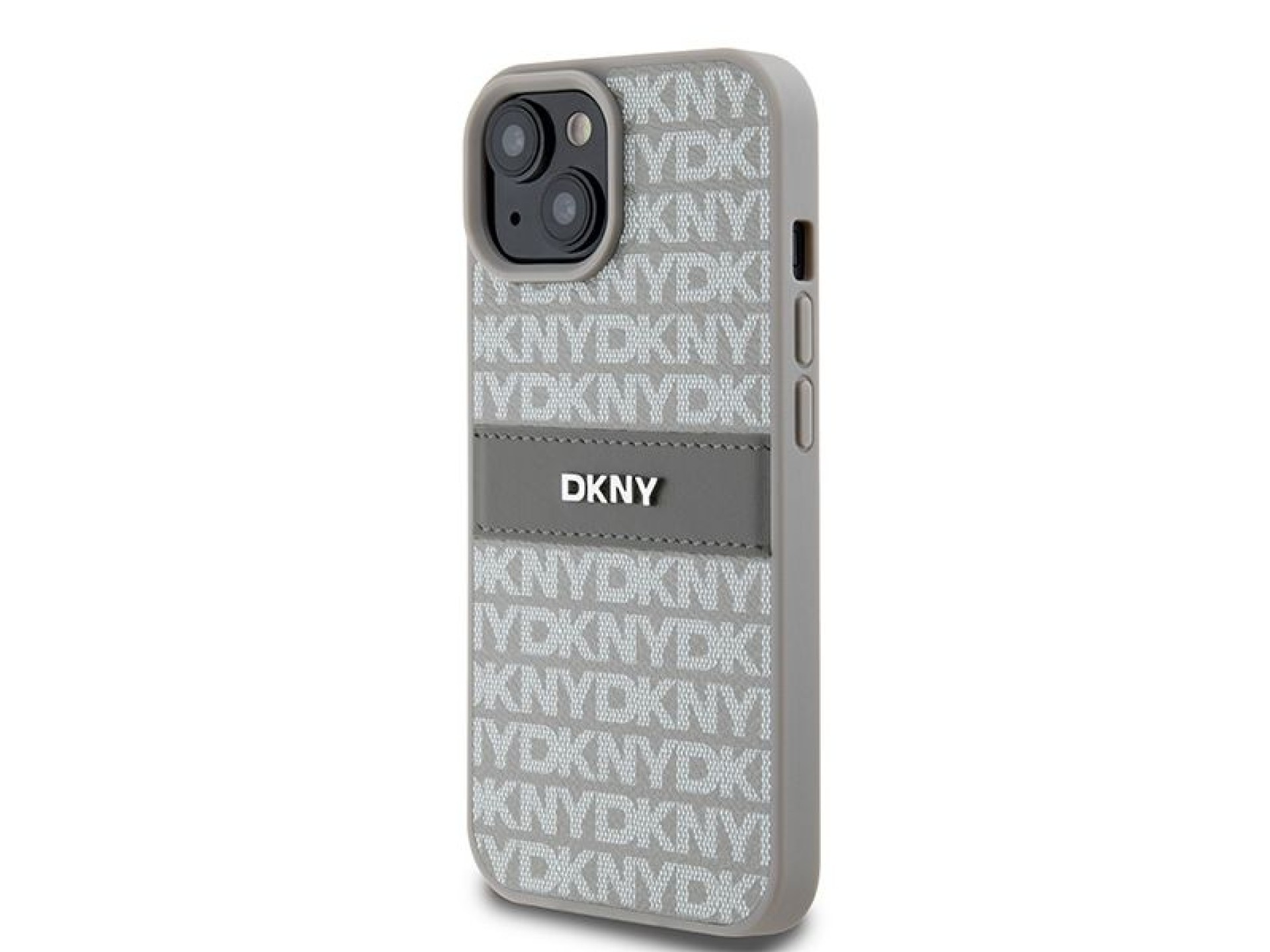 Funda DKNY de piel con franja monocromática y logo metálico para iPhone 15 Plus / 14 Plus - beige