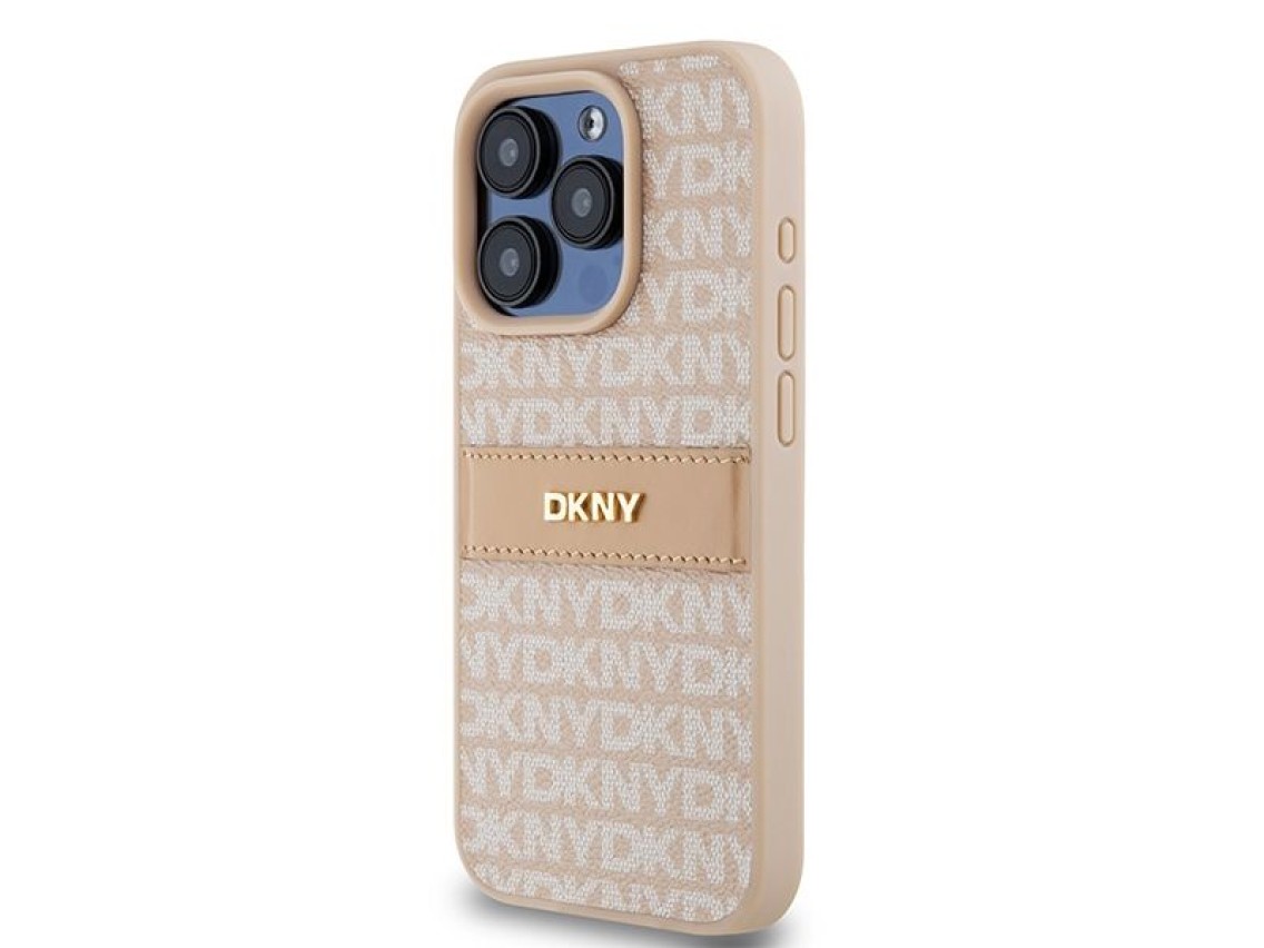 Capa DKNY em couro com estampa Mono Stripe e logo metálico para iPhone 15 Pro - rosa