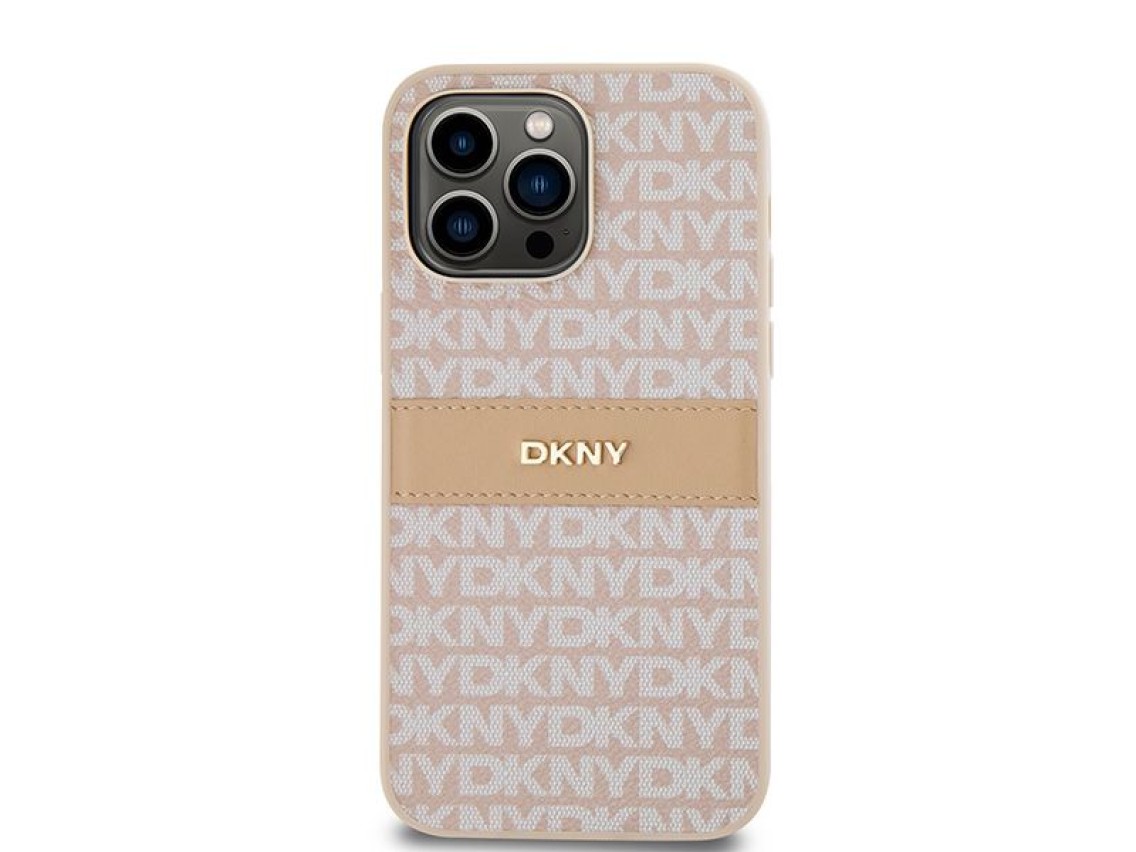 Capa DKNY em couro com estampa Mono Stripe e logo metálico para iPhone 14 Pro Max - rosa