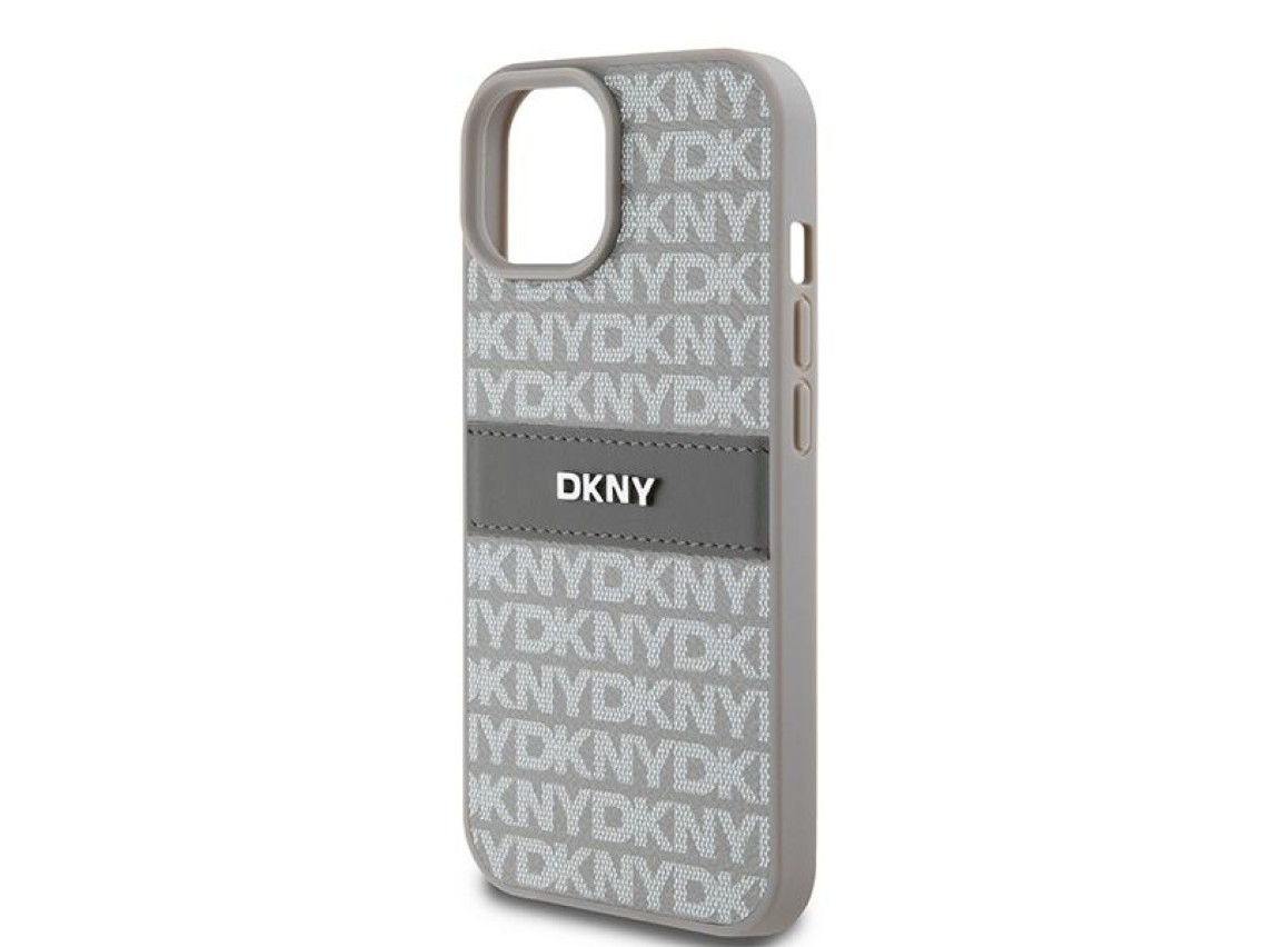 Funda DKNY de piel con franja monocromática y logo metálico para iPhone 15 Plus / 14 Plus - beige