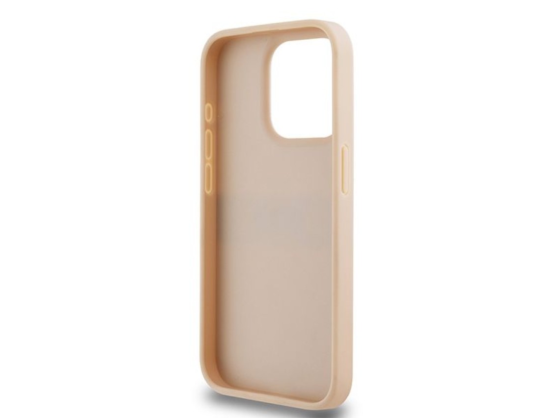 Capa DKNY em couro com estampa Mono Stripe e logo metálico para iPhone 15 Pro - rosa