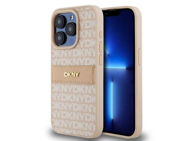 Capa DKNY em couro com estampa Mono Stripe e logo metálico para iPhone 15 Pro - rosa Capa DKNY em couro com estampa Mono Stripe e logo metálico para iPhone 15 Pro - rosa
