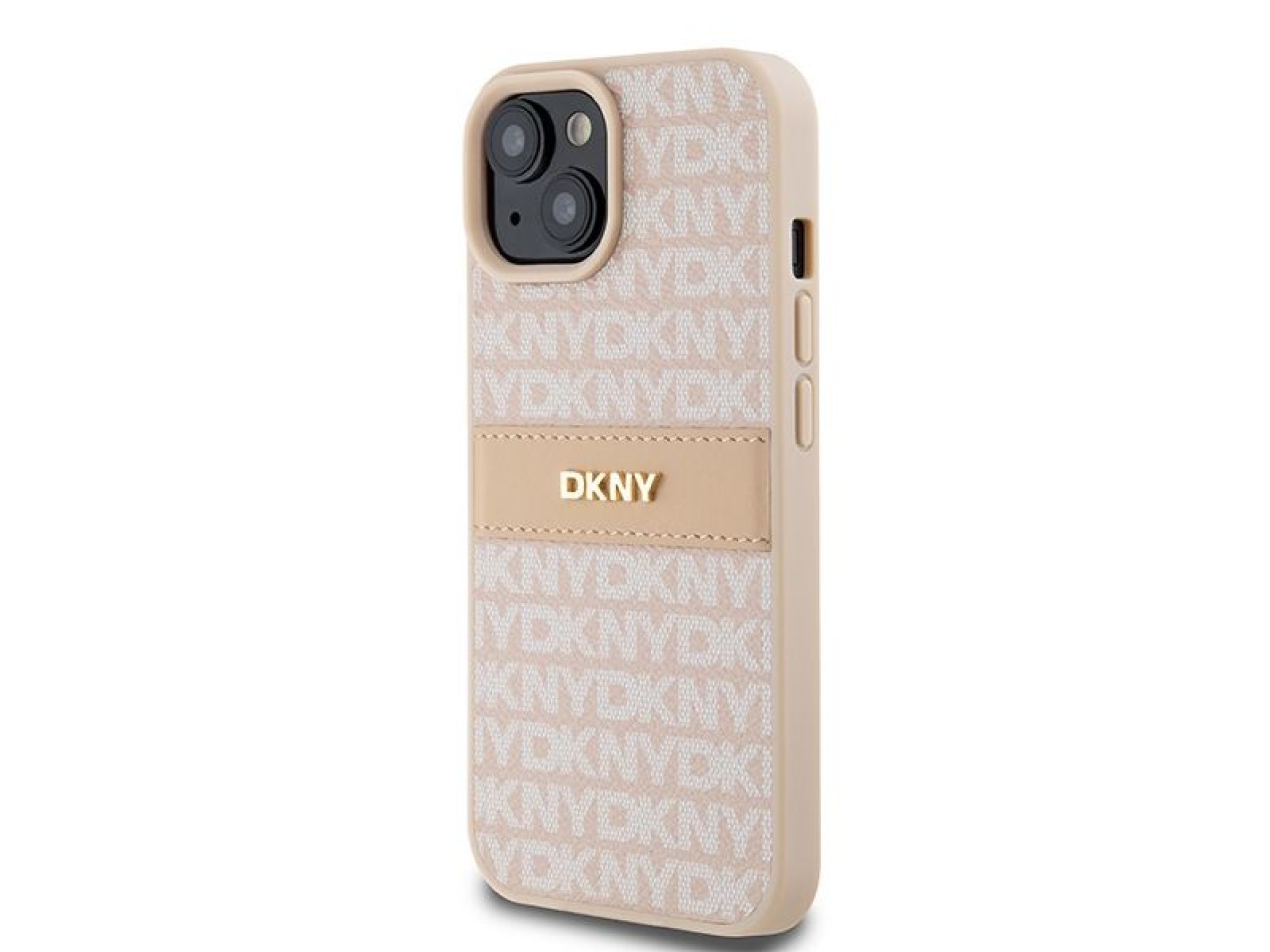 Funda DKNY de piel con franja monocromática y logo metálico para iPhone 15 Plus / 14 Plus - Rosa