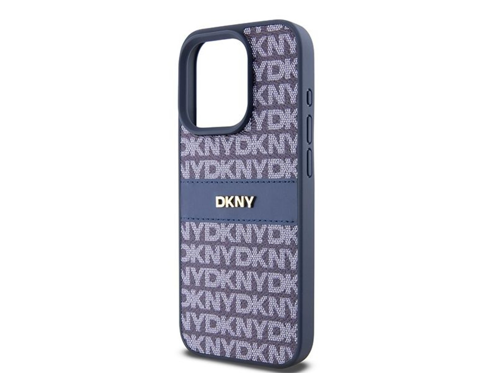 Capa DKNY em couro com estampa Mono Stripe e logo metálico para iPhone 15 Pro - azul