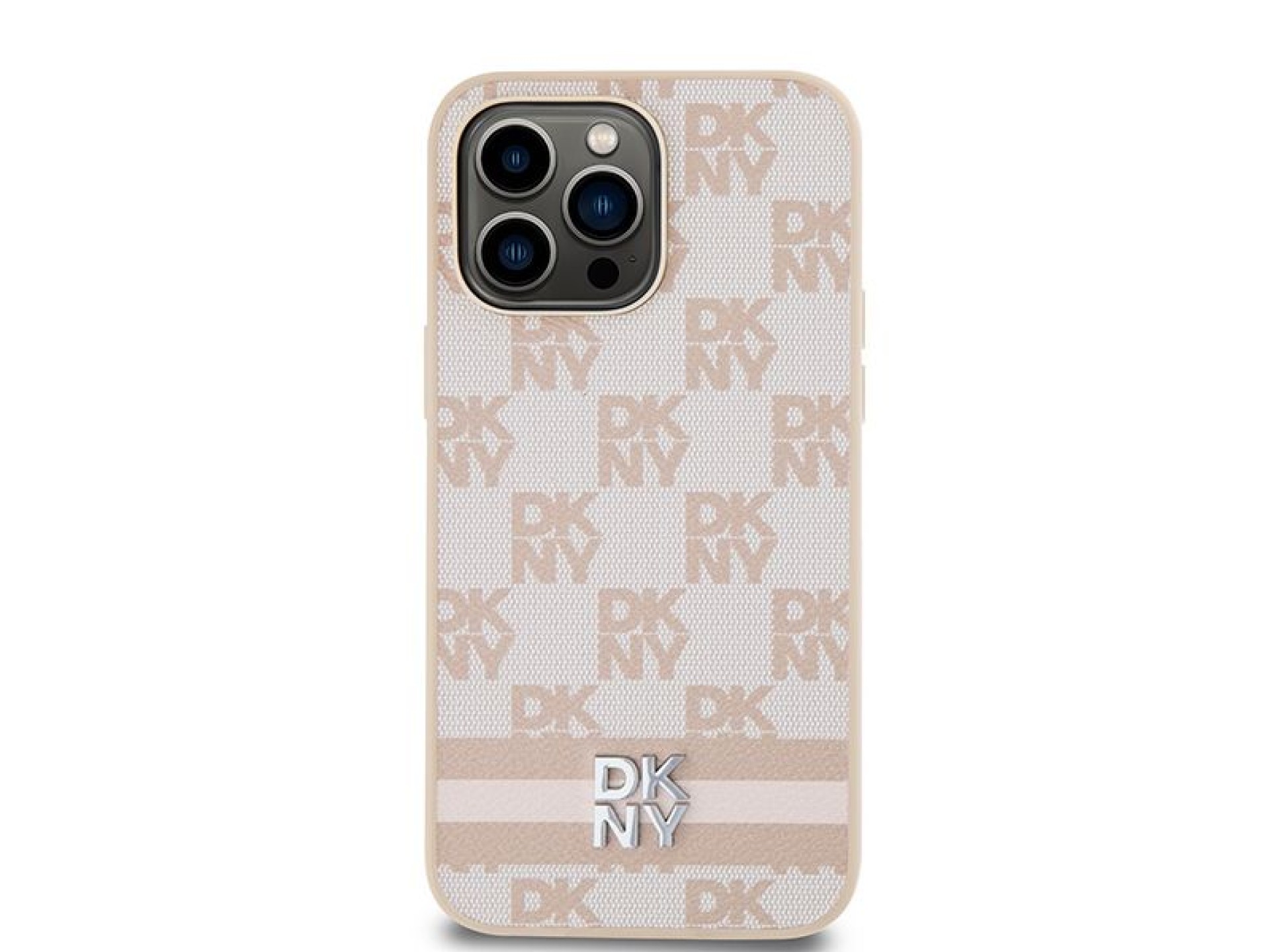 DKNY Leather Checkered Mono Pattern & Printed Stripes case for iPhone 14 Pro Max - pink