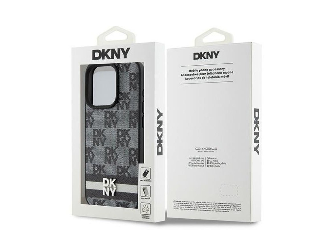 Capa DKNY para iPhone 15 Pro em couro com estampa xadrez monocromática e listras - Preta