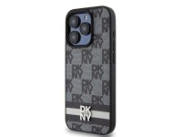 Capa DKNY para iPhone 15 Pro em couro com estampa xadrez monocromática e listras - Preta Capa DKNY para iPhone 15 Pro em couro com estampa xadrez monocromática e listras - Preta