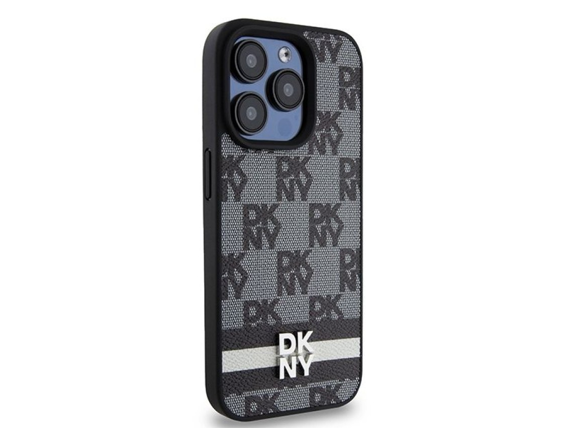 Capa DKNY para iPhone 15 Pro em couro com estampa xadrez monocromática e listras - Preta