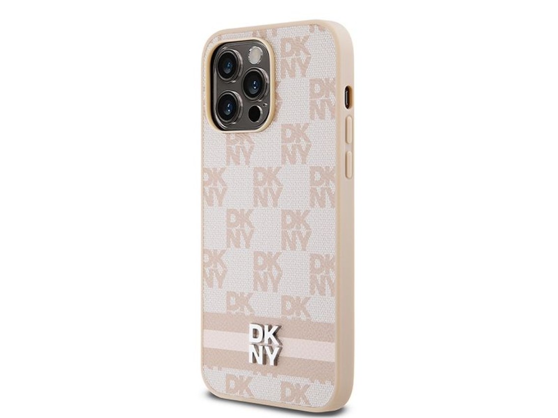 DKNY Leather Checkered Mono Pattern & Printed Stripes case for iPhone 14 Pro Max - pink