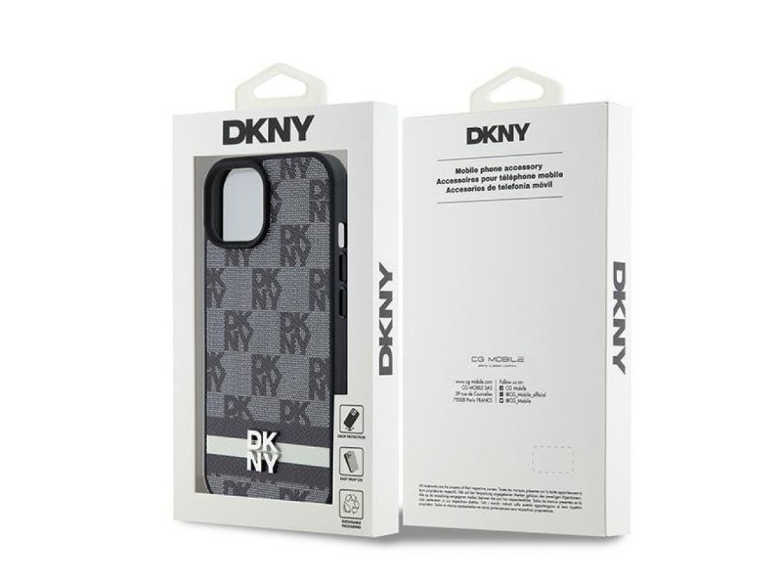 DKNY Leather Checkered Mono Pattern & Printed Stripes Case for iPhone 15 Plus / 14 Plus - Black