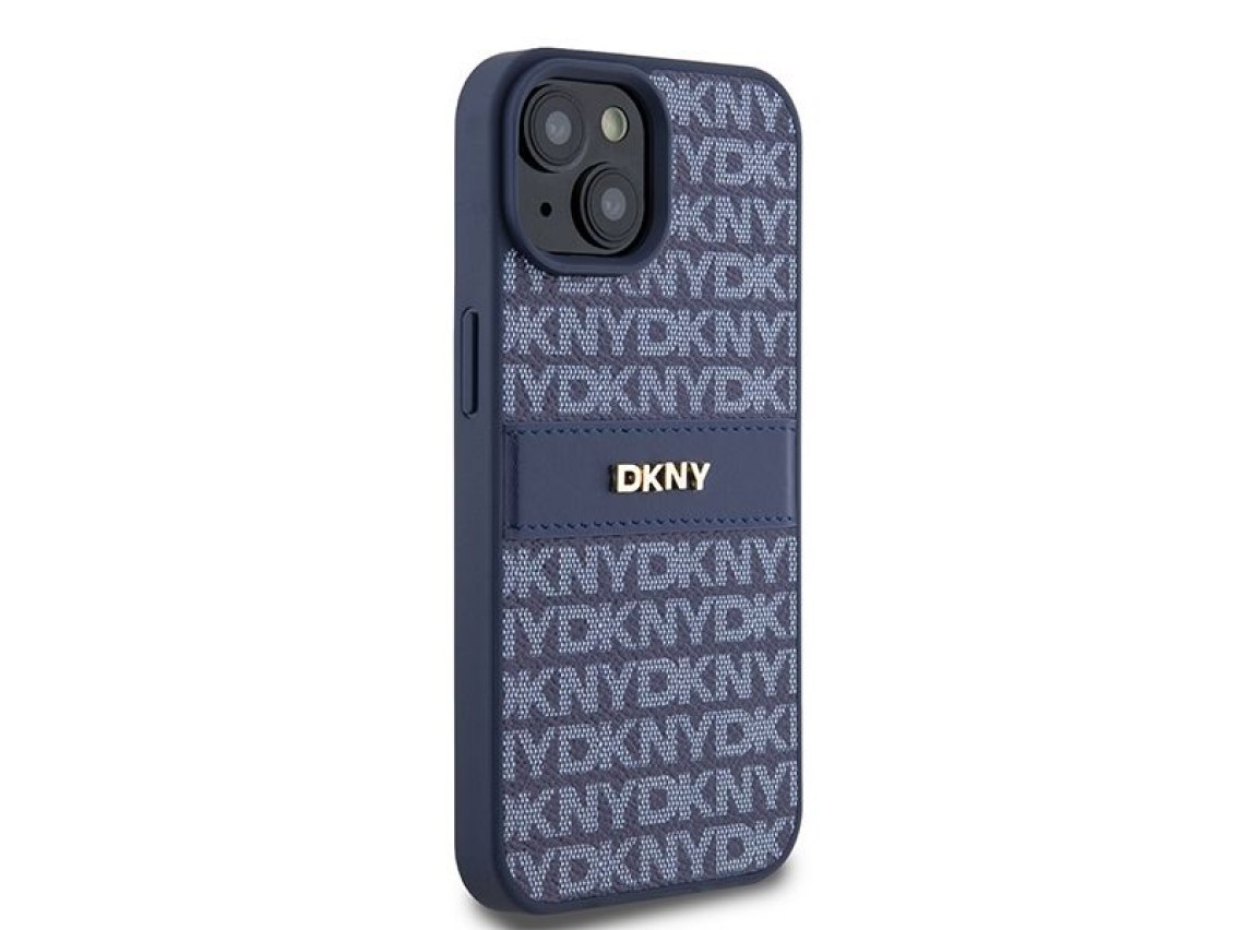 Funda DKNY de piel con franja monocromática y logo metálico para iPhone 15 / 14 / 13 - azul