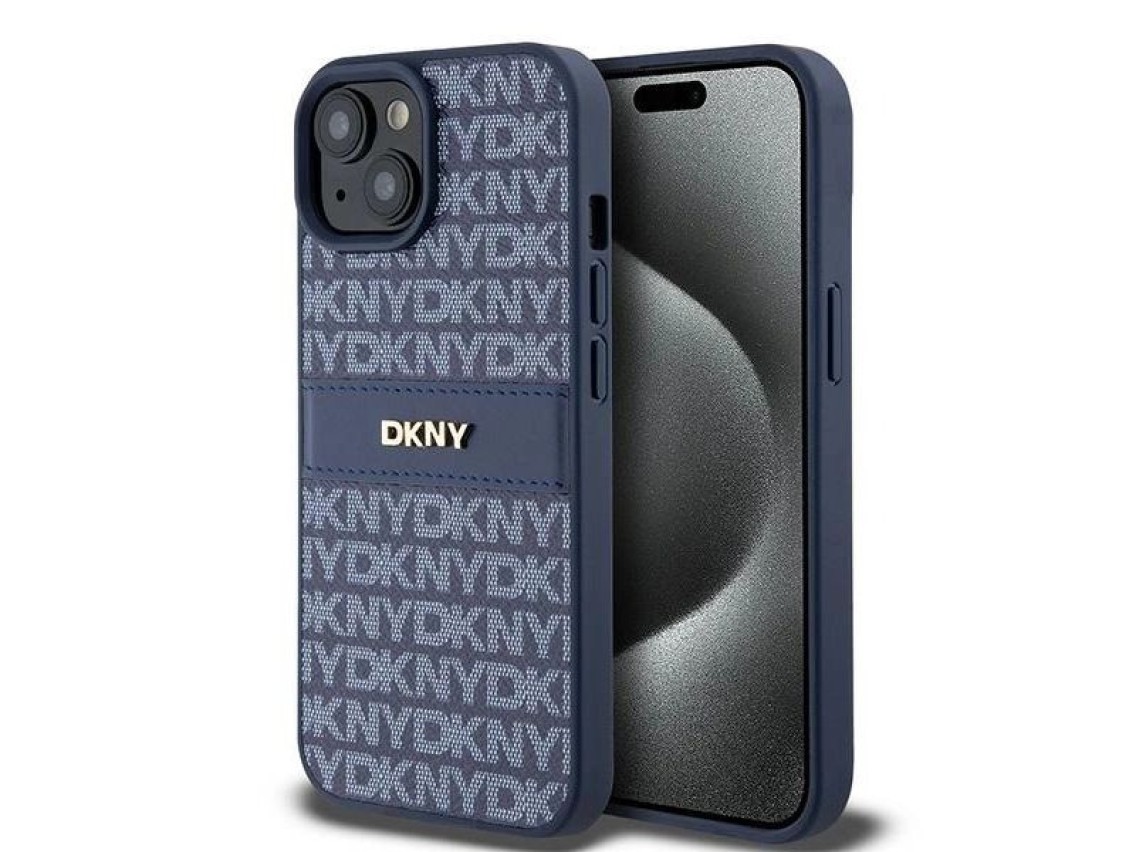 Capa DKNY em couro com estampa Mono Stripe e logo metálico para iPhone 15/14/13 - azul