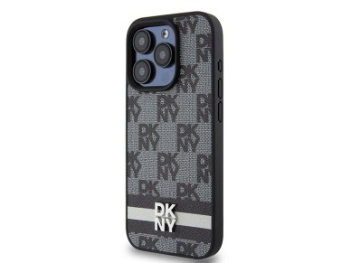 Capa DKNY para iPhone 15 Pro em couro com estampa xadrez monocromática e listras - Preta Capa DKNY para iPhone 15 Pro em couro com estampa xadrez monocromática e listras - Preta