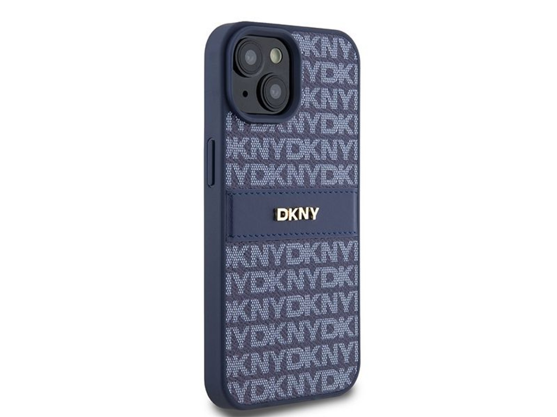 Funda DKNY de piel con franja monocromática y logo metálico para iPhone 15 / 14 / 13 - azul