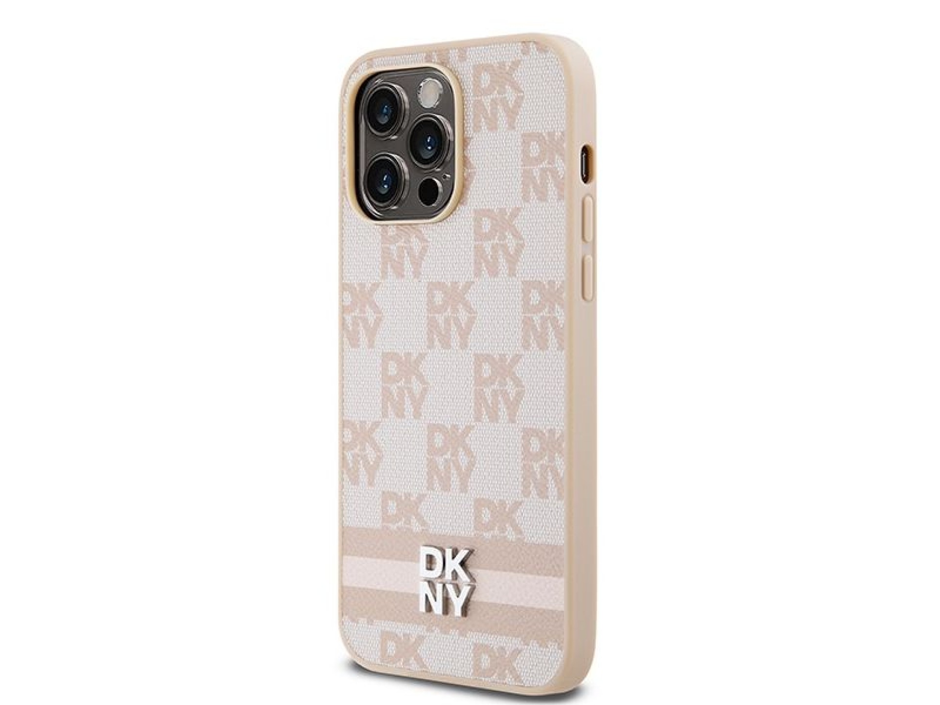 DKNY Leather Checkered Mono Pattern & Printed Stripes case for iPhone 14 Pro Max - pink