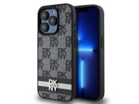 Capa DKNY para iPhone 15 Pro em couro com estampa xadrez monocromática e listras - Preta Capa DKNY para iPhone 15 Pro em couro com estampa xadrez monocromática e listras - Preta