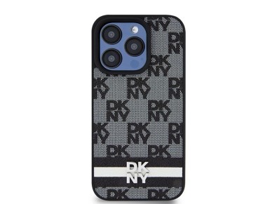 Capa DKNY para iPhone 15 Pro em couro com estampa xadrez monocromática e listras - Preta Capa DKNY para iPhone 15 Pro em couro com estampa xadrez monocromática e listras - Preta