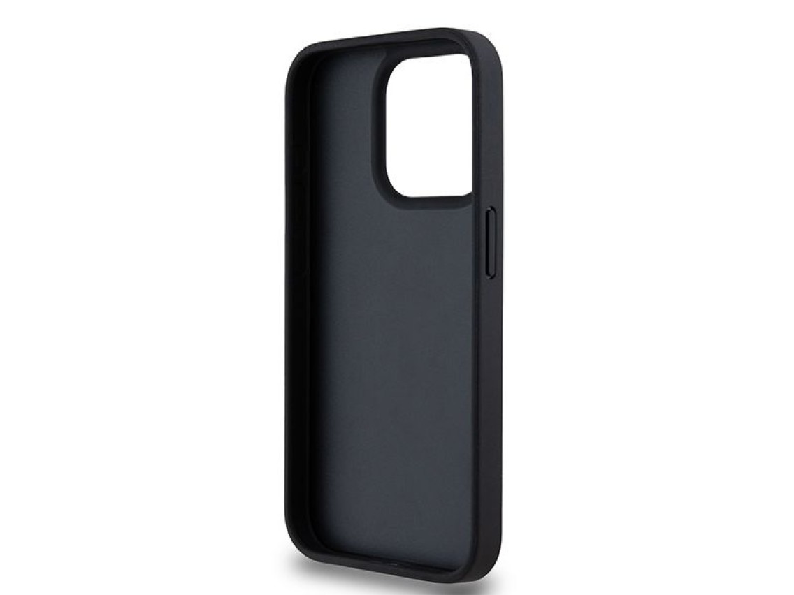 Capa DKNY para iPhone 15 Pro em couro com estampa xadrez monocromática e listras - Preta