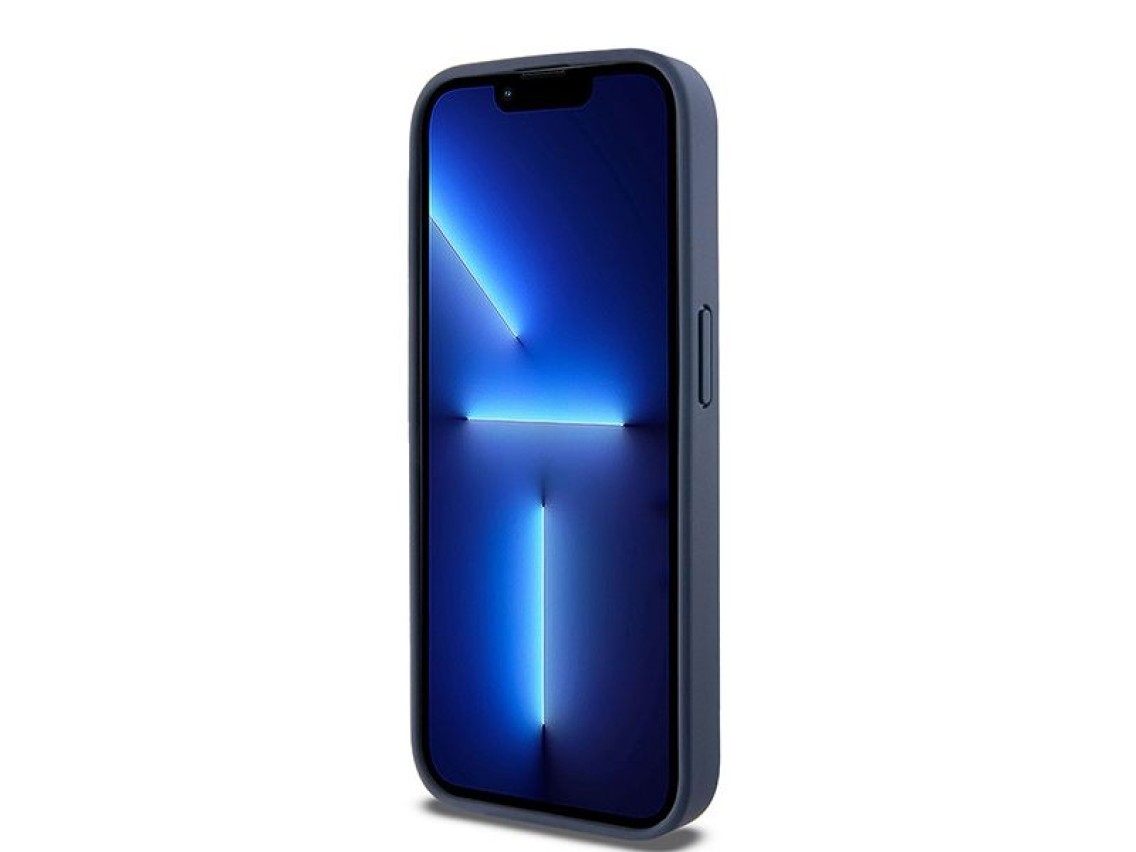 Capa DKNY em couro com estampa Mono Stripe e logo metálico para iPhone 15 Pro - azul