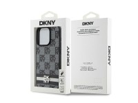 Capa DKNY para iPhone 15 Pro em couro com estampa xadrez monocromática e listras - Preta Capa DKNY para iPhone 15 Pro em couro com estampa xadrez monocromática e listras - Preta