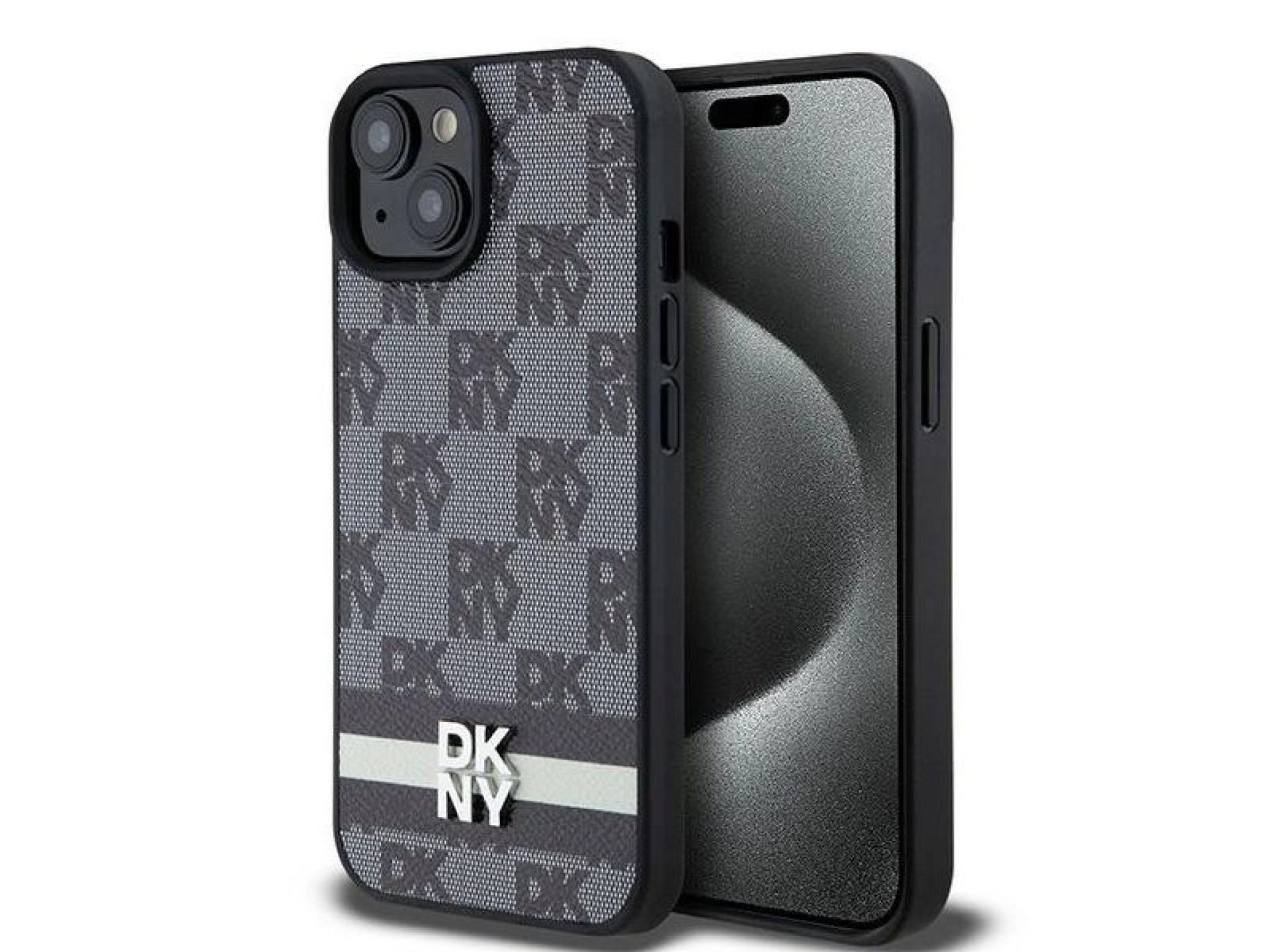 DKNY Leather Checkered Mono Pattern & Printed Stripes Case for iPhone 15 Plus / 14 Plus - Black