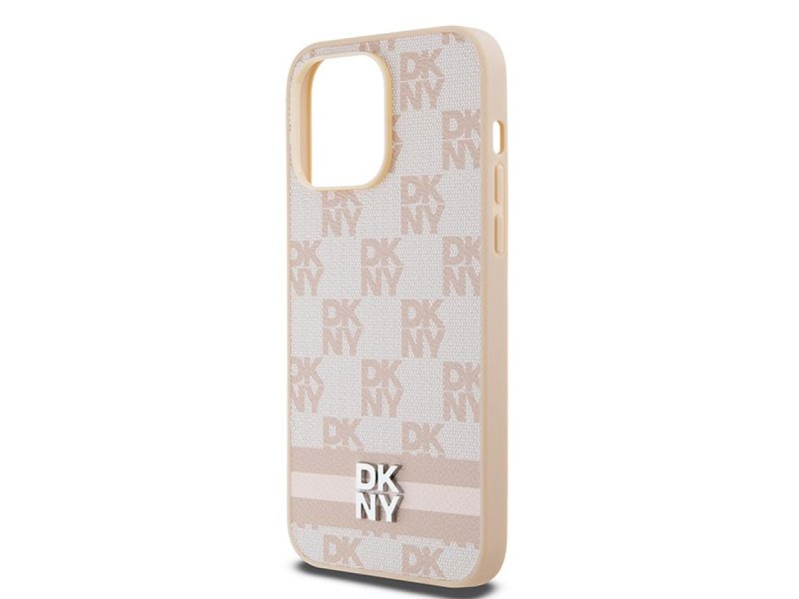 DKNY Leather Checkered Mono Pattern & Printed Stripes case for iPhone 14 Pro Max - pink