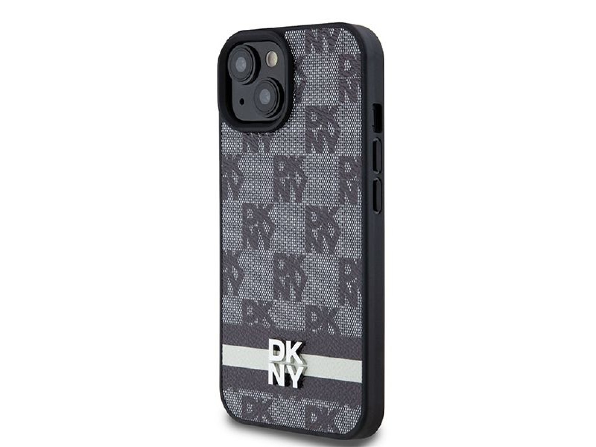 DKNY Leather Checkered Mono Pattern & Printed Stripes Case for iPhone 15 Plus / 14 Plus - Black