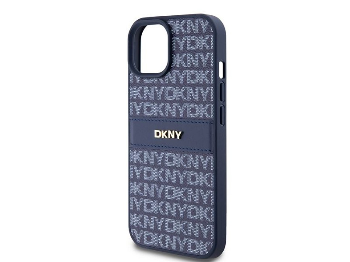 Funda DKNY de piel con franja monocromática y logo metálico para iPhone 15 / 14 / 13 - azul