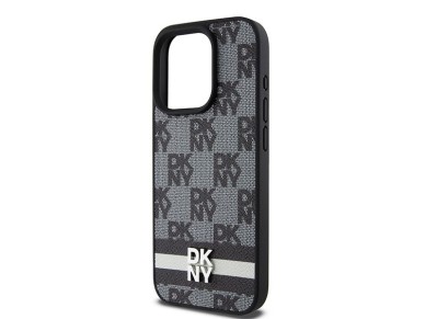 Capa DKNY para iPhone 15 Pro em couro com estampa xadrez monocromática e listras - Preta Capa DKNY para iPhone 15 Pro em couro com estampa xadrez monocromática e listras - Preta