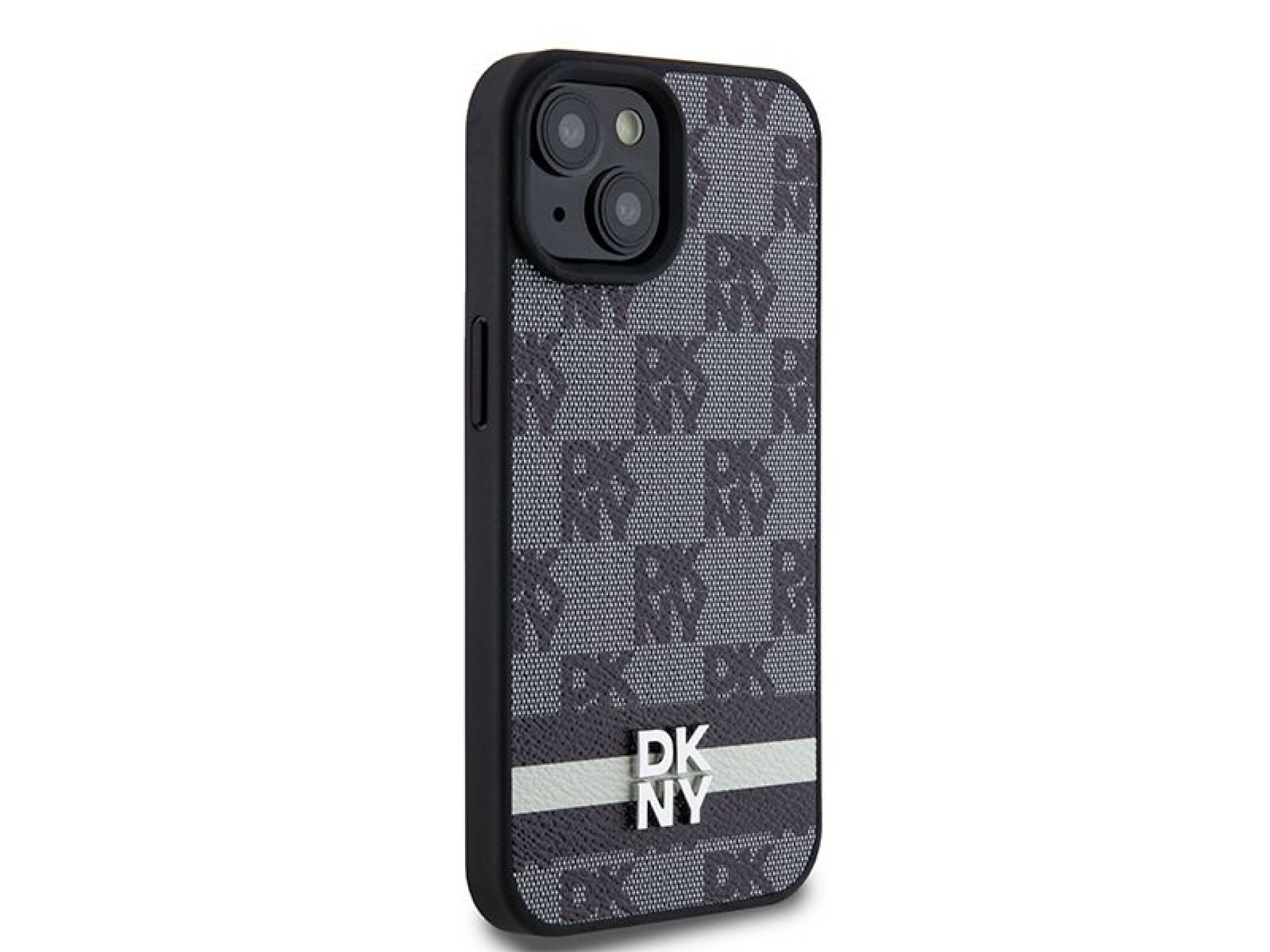 DKNY Leather Checkered Mono Pattern & Printed Stripes Case for iPhone 15 Plus / 14 Plus - Black